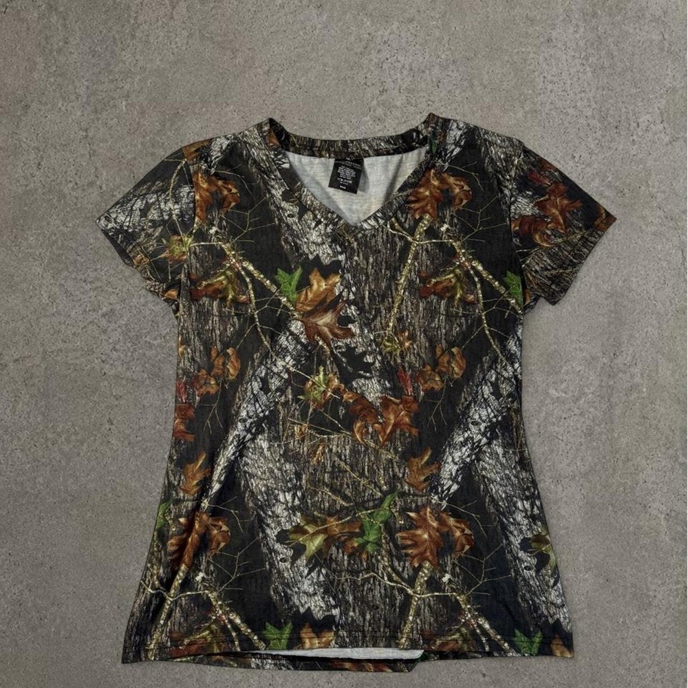 Wilderness Dreams Womens Camo Hunting V Neck Top Brown Green XL #0343